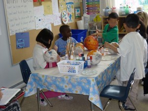 Creating the planets on the dried mache
